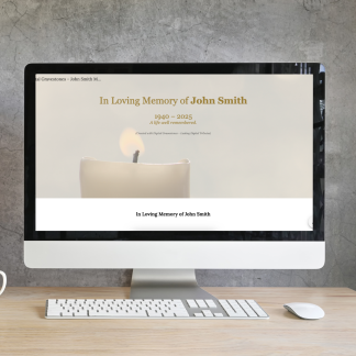 Minimalist QRest memorial layout with clean typography and photo gallery