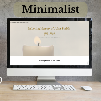 Minimalist QRest memorial layout with clean typography and photo gallery