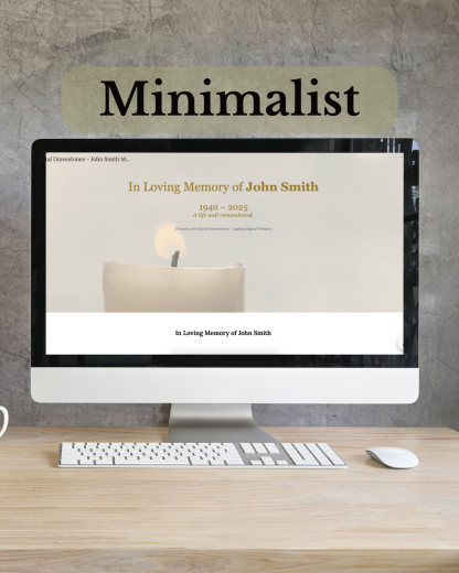 Minimalist QRest memorial layout with clean typography and photo gallery