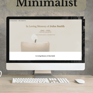 Minimalist QRest memorial layout with clean typography and photo gallery