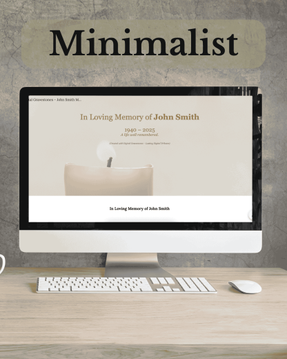 Minimalist QRest memorial layout with clean typography and photo gallery