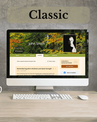 Preview of Classic QRest digital memorial design with photos and biography section