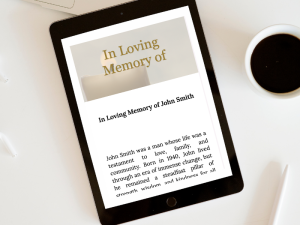 Hands typing on a laptop with a memorial tribute page and QR code visible on screen