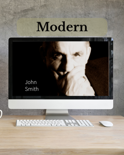 QRest Lite modern-style memorial page with full-width layout, bold headlines, and photo-driven design