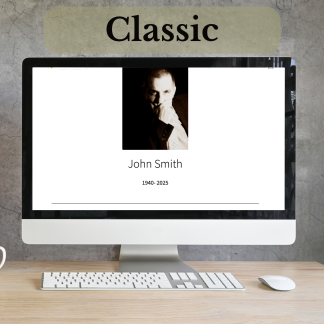 QRest Lite classic-style memorial page with traditional layout, soft tones, and structured biography section