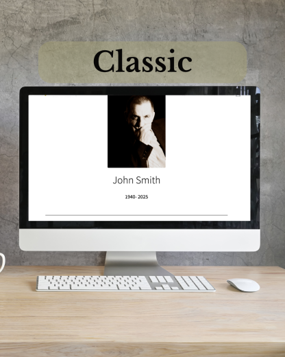 QRest Lite classic-style memorial page with traditional layout, soft tones, and structured biography section