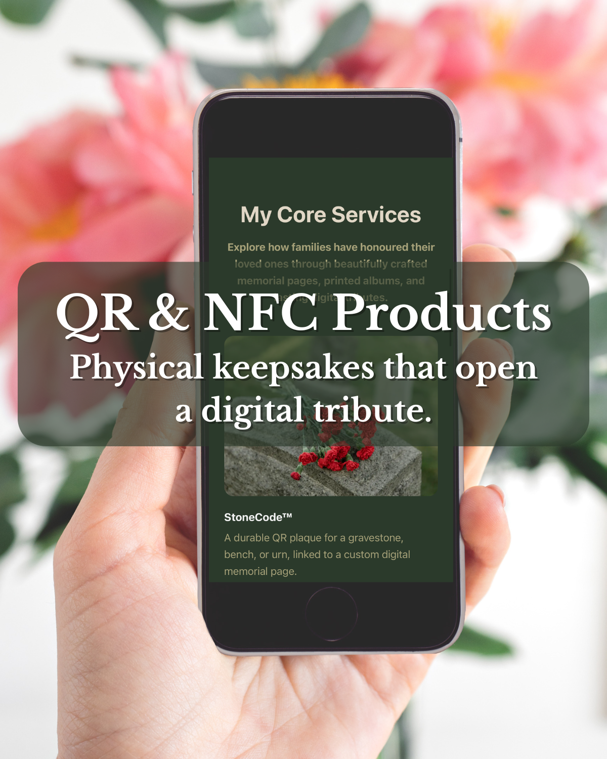 Category image for QR and NFC memorial products, including plaques, cards, and keychains that open a digital tribute.