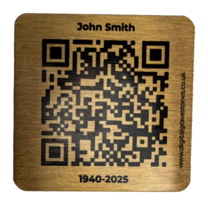 Brushed gold metal QR code plaque for a digital memorial on a white background.