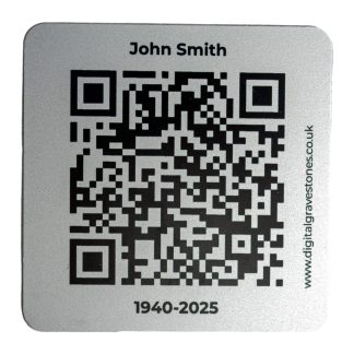 Satin silver metal QR code plaque for a digital memorial on a white background.