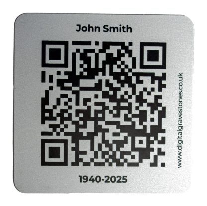 Satin silver metal QR code plaque for a digital memorial on a white background.