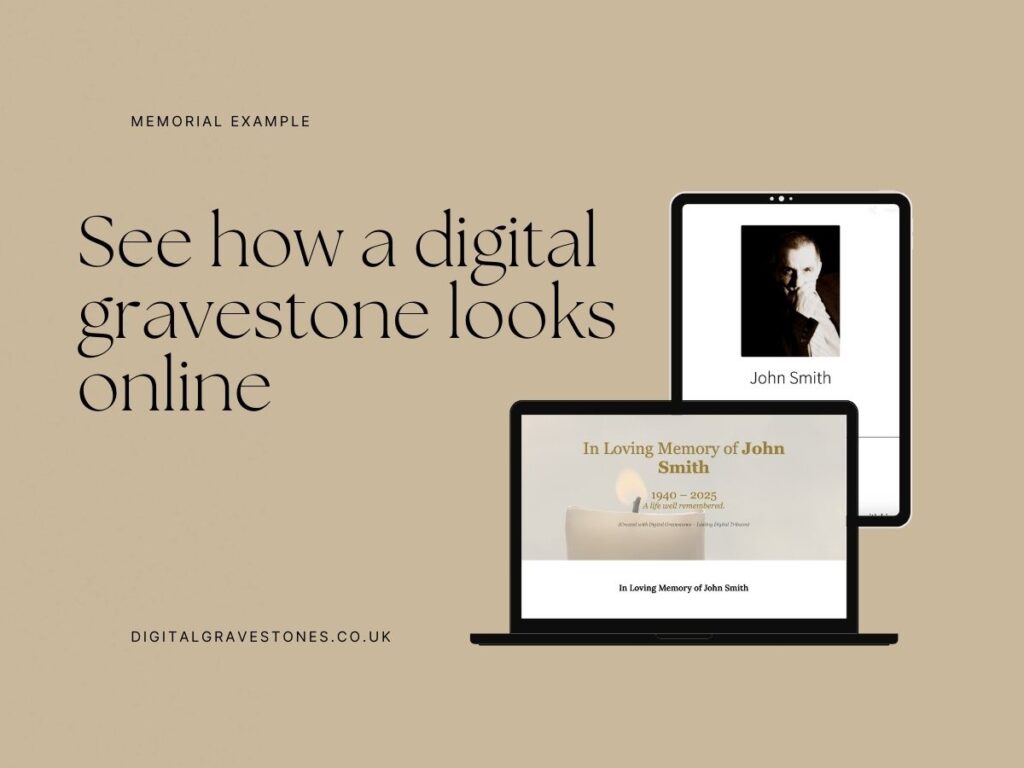Example of a digital gravestone memorial page in the UK, showing an online tribute with biography and photo.