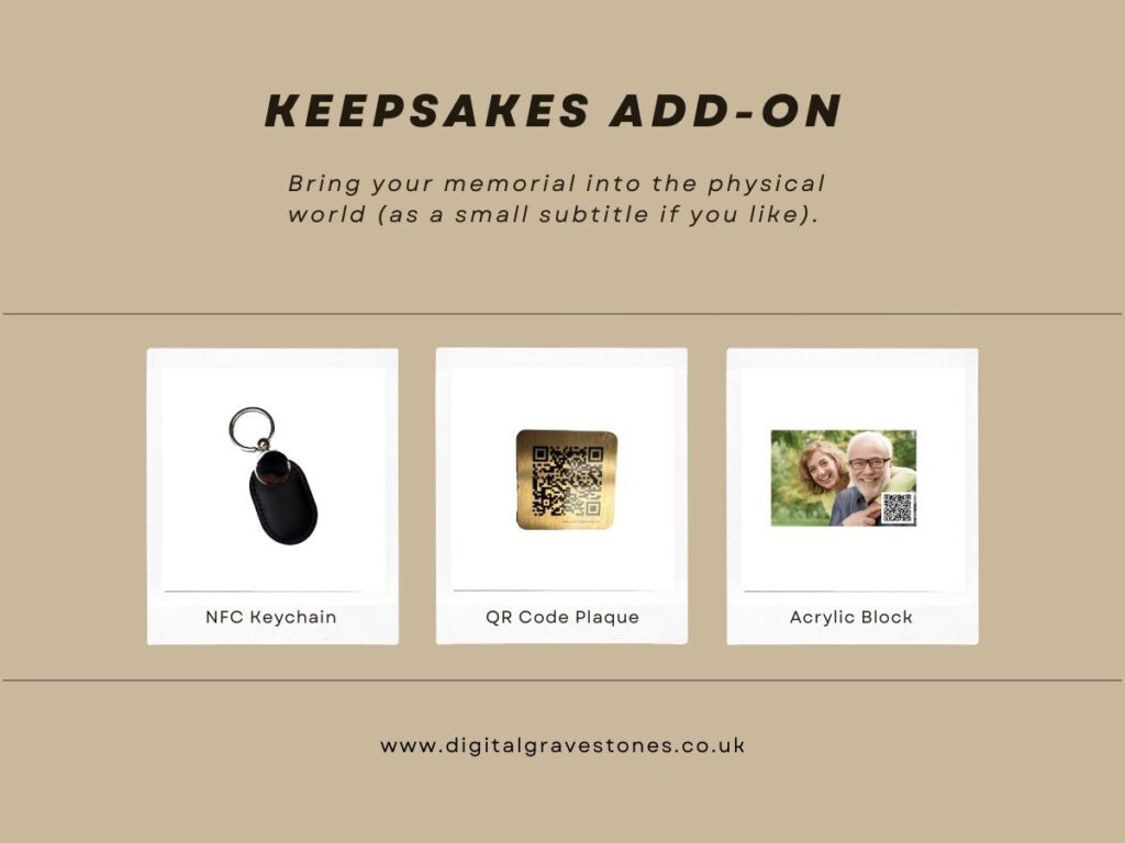 Keepsake add-ons for Digital Gravestones, including NFC keychain, QR code plaque, and acrylic block with photo.